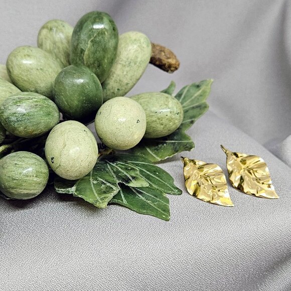 Textured Leaf Earrings, Stamped design w/ Ear Hooks, Gold Plate - 1 1/2" - Picture 4 of 9